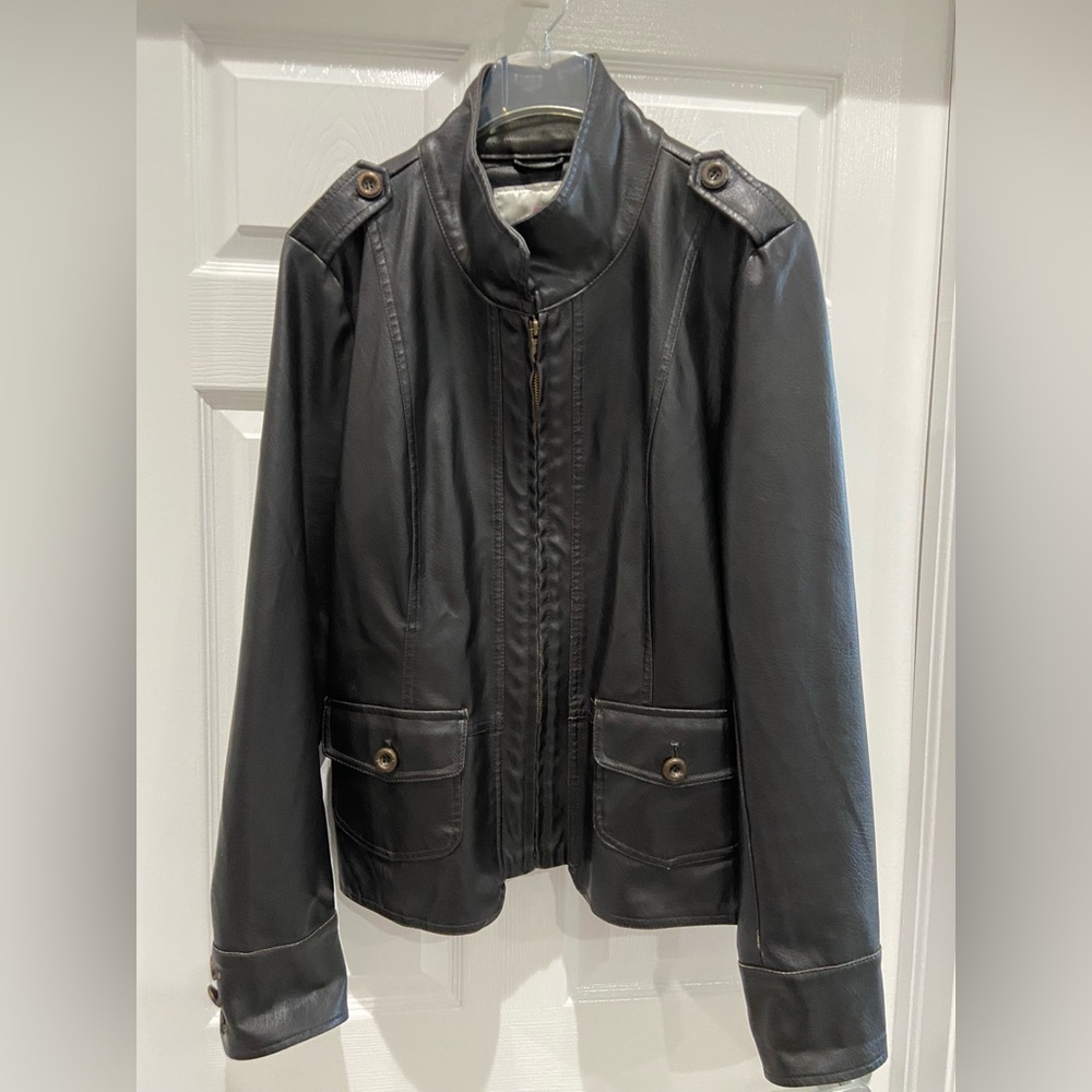 Women's Brown Pleather Bomber Jacket, with two front pockets, Size XL